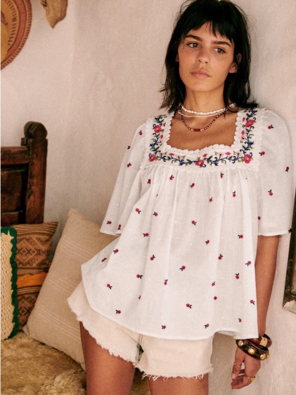 Sezane Bonita Blouse sz 38 White Embroidered Square-Neck Peasant Top